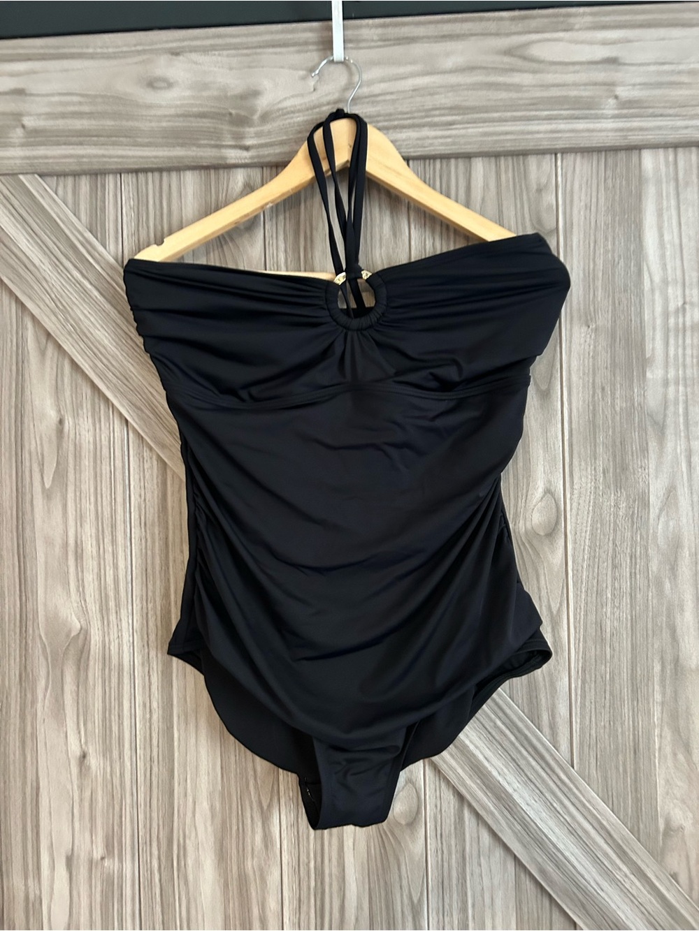 Michael Kors Black Shirred Bandeau Halter One-Piece Swimsuit - Size 14